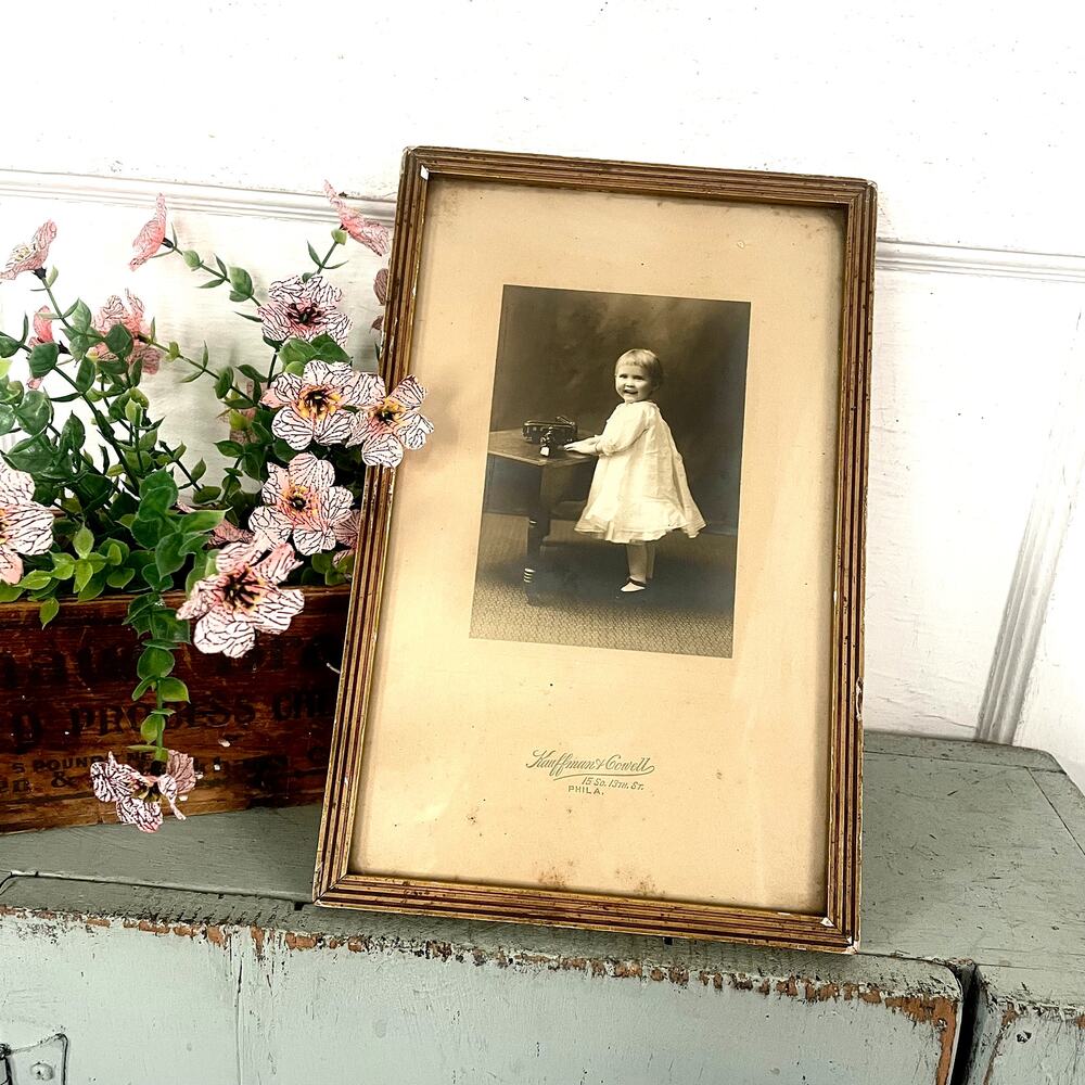 Antique Framed Photograph Baby Girl Camera Portrait Philadelphia Photo Studio
